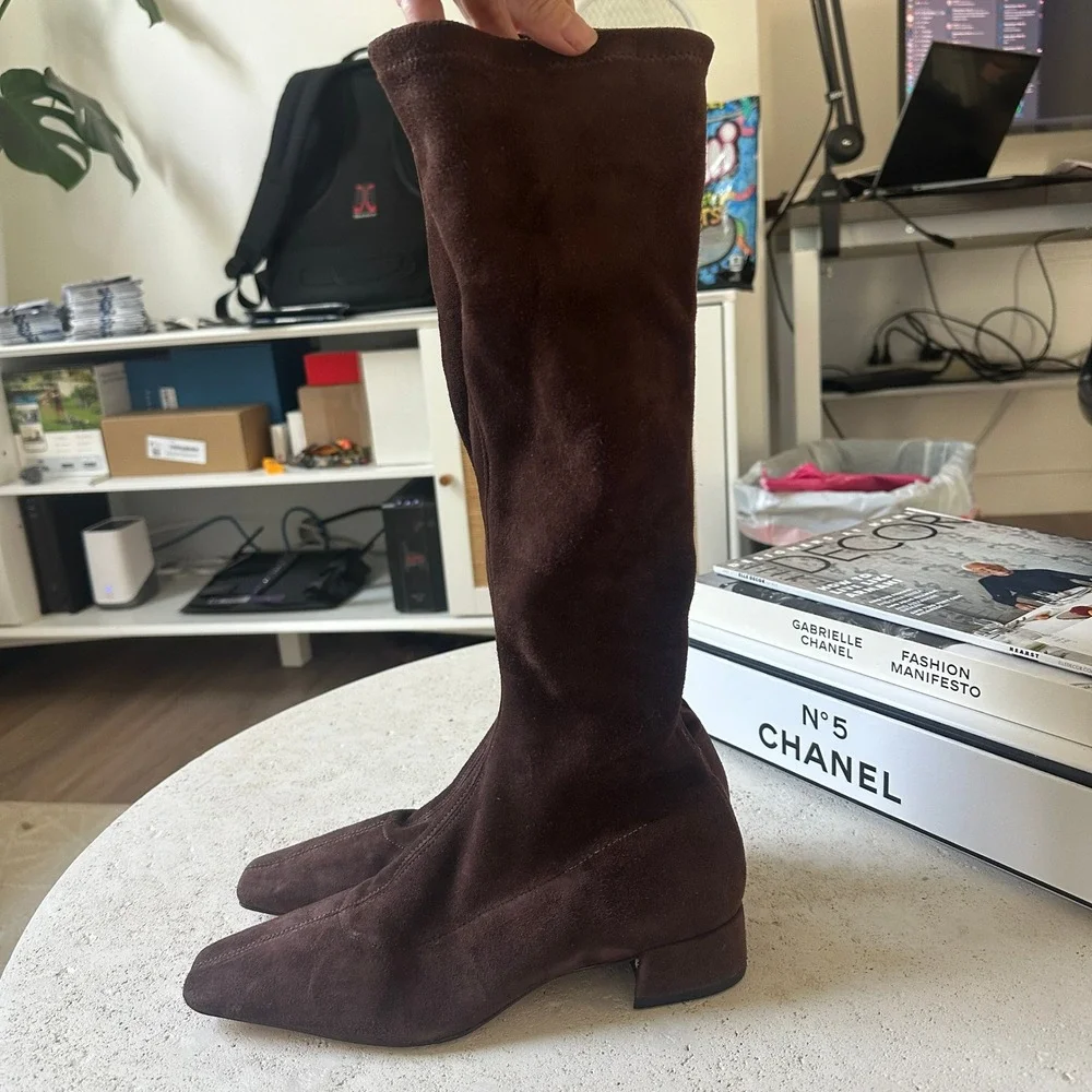 NEW Reformation Raven Knee-High Boots Suede Square Toe Block Heel Side Zip 6